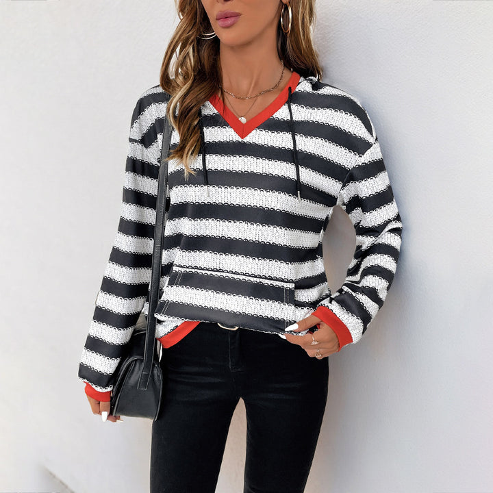 Damen Baumwoll-Pullover mit modischem V-Ausschnitt und gestreiftem Design Drune