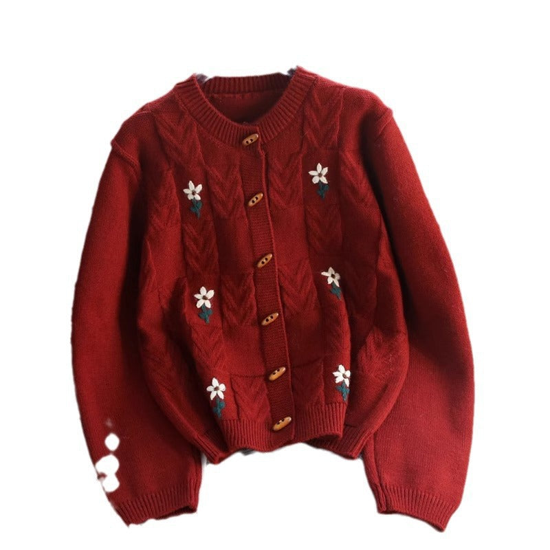 Damen Strickjacke mit floralem Zopfmuster und Holzknöpfen Drune