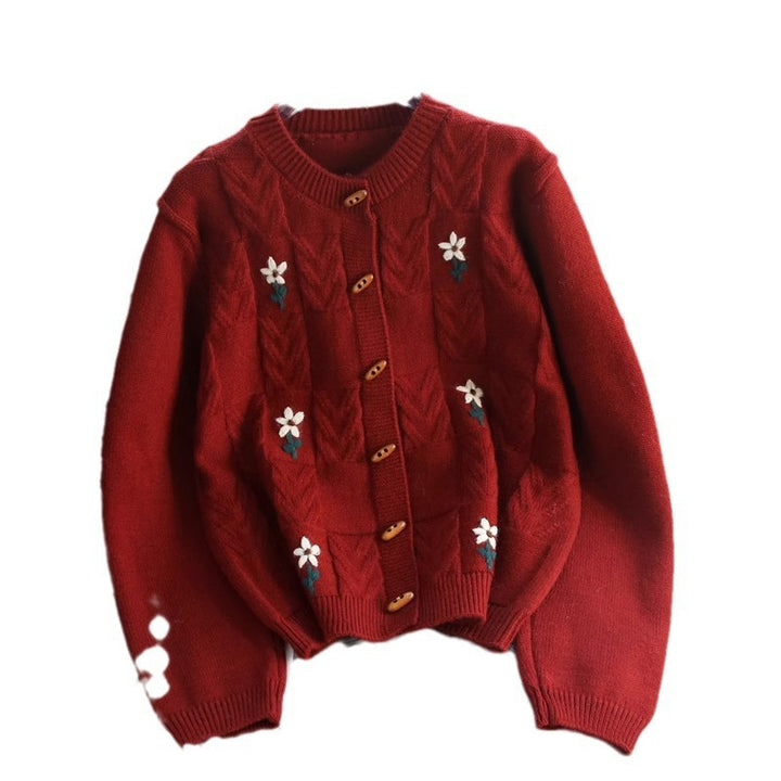 Damen Strickjacke mit floralem Zopfmuster und Holzknöpfen Drune