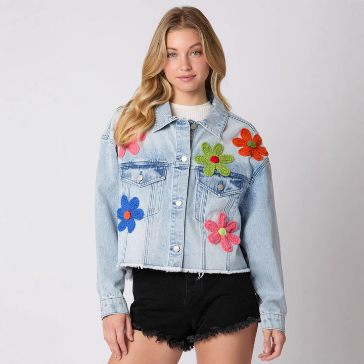 Damen trendige Jeansjacke mit bunten Football-Prints Drune