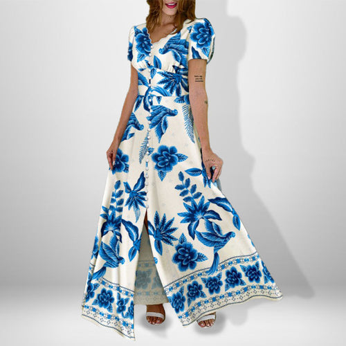 Damen Maxikleid mit floralem Wickel-Design und knöpfbarem Oberteil Drune