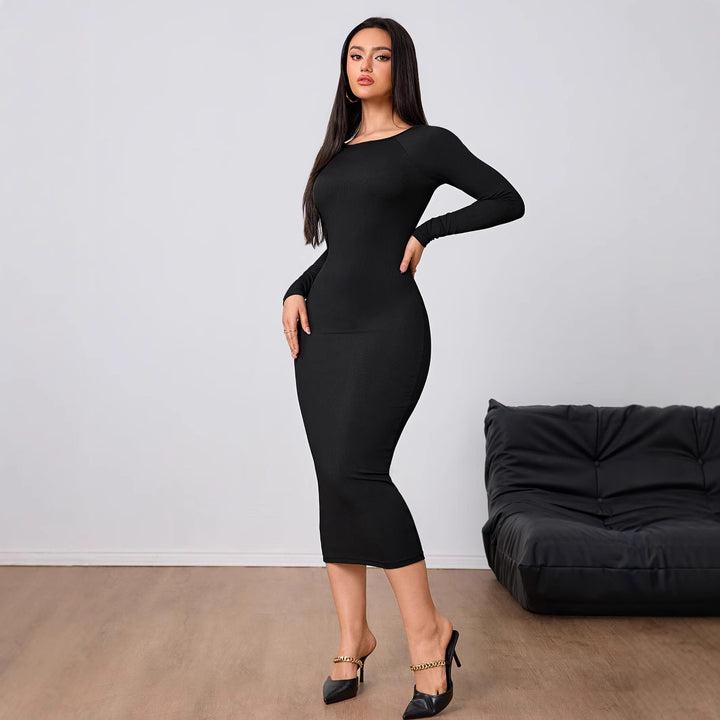 Damen figurbetontes Midi-Kleid mit elegantem Rundhalsausschnitt und langen Ärmeln Drune