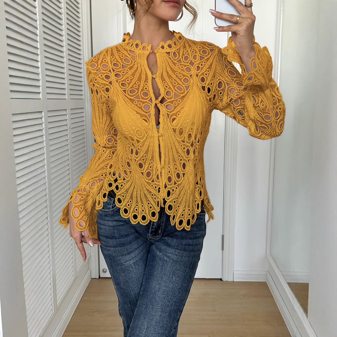 Damen nan filigrane Häkelspitzen-Bluse mit Stehkragen, Zierknopfleiste und gewelltem Saum Drune