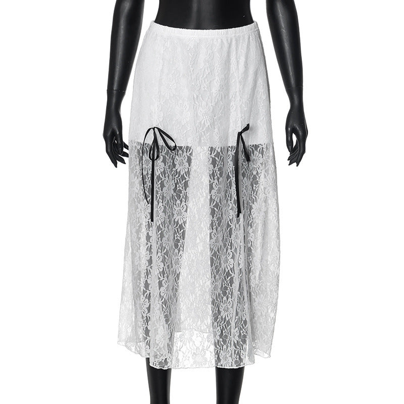 Damen eleganter Spitzenrock mit transparenten Einsätzen und raffinierten Bindebändern Drune