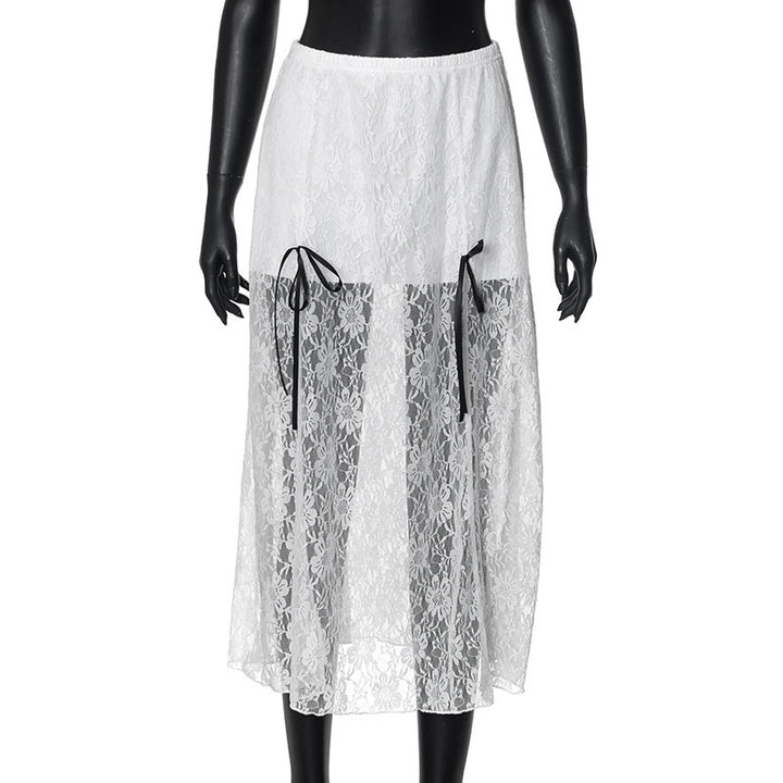 Damen eleganter Spitzenrock mit transparenten Einsätzen und raffinierten Bindebändern Drune