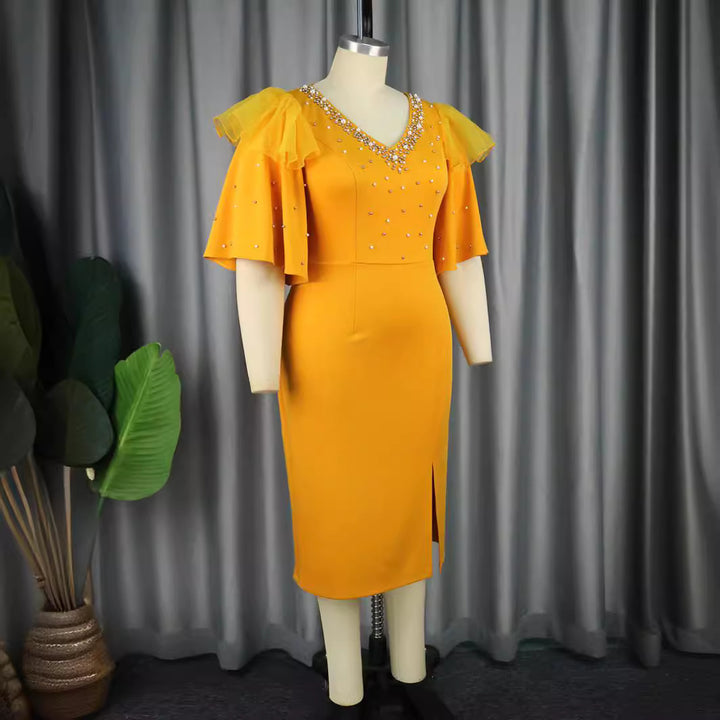 Damen elegantes Schimmerndes Midi-Kleid mit Volantrüsche und Glamourösen Akzenten Drune