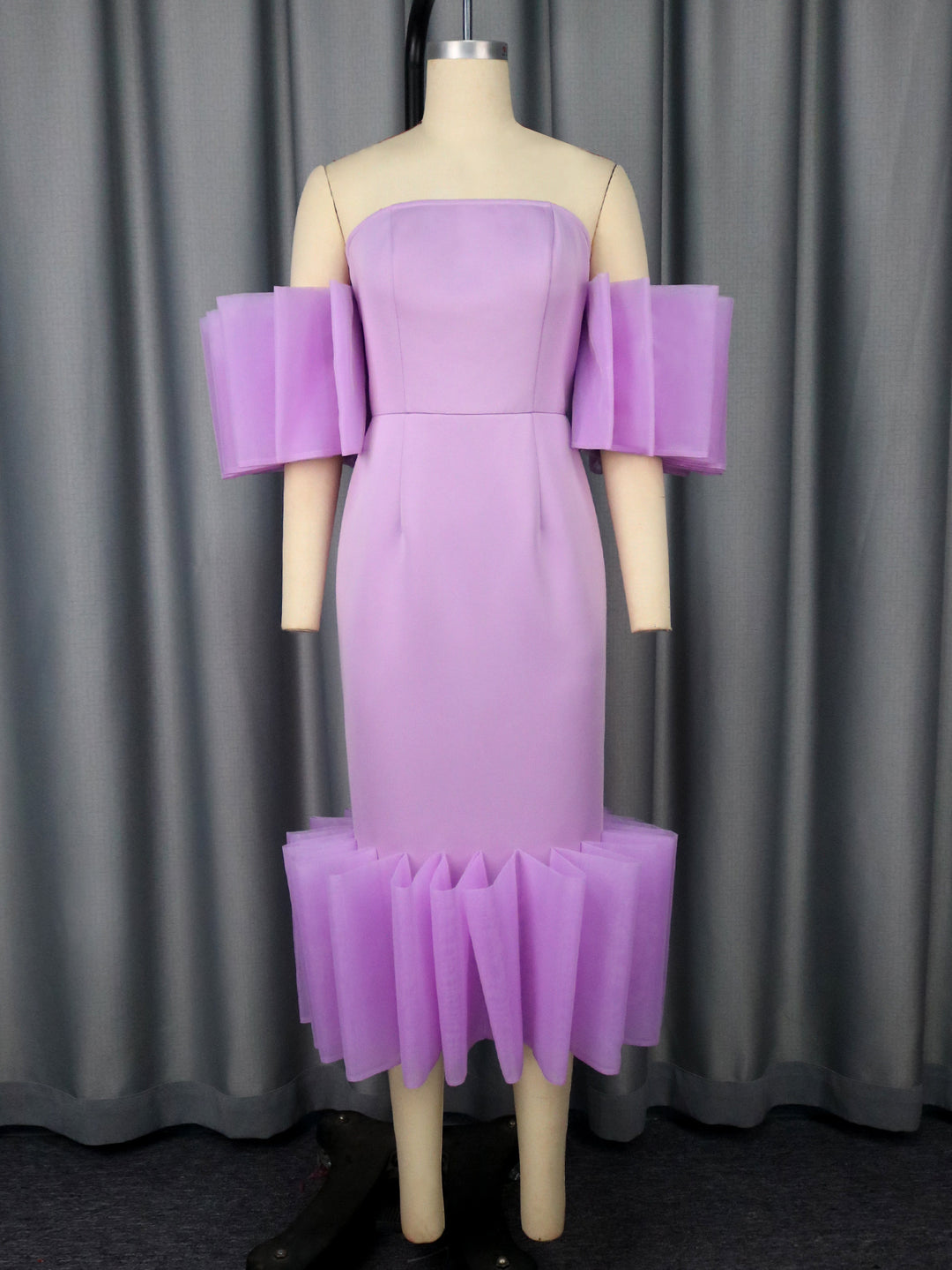 Damen Elegantes Midi-Kleid mit voluminösen Rüschenärmeln und asymmetrischem Saum Drune