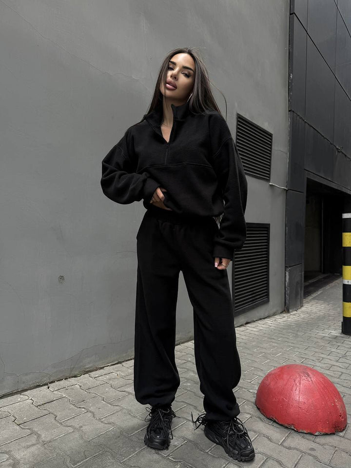 Damen Sportliches Fleece-Jogginganzug mit Stehkragen und Reißverschluss Drune