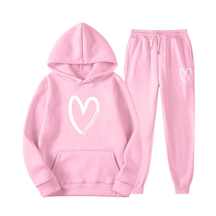 Damen Sweatsuit mit Kängurutasche und herzförmigem Print Drune