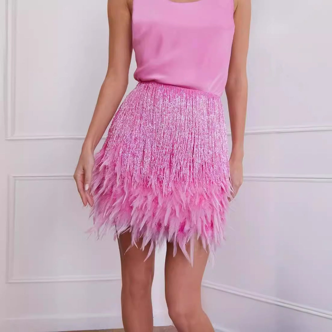 Damen Glitzernder Federnrock Drune
