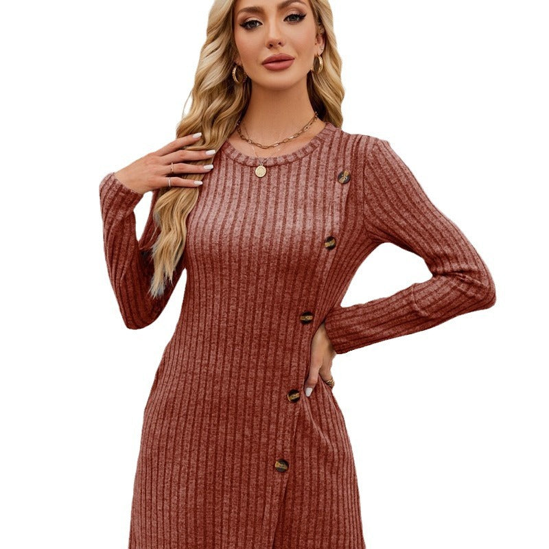 Damen Strickkleid mit hochwertigem Rippdesign und dekorativen Knöpfen Drune
