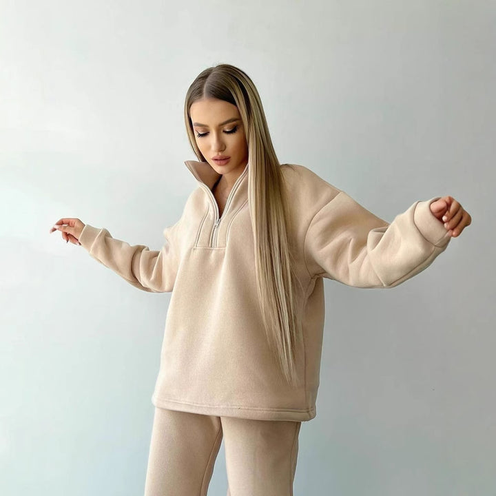 Damen Lockere Sweatshirt- und Jogginghosen-Kombination mit Reißverschluss Drune