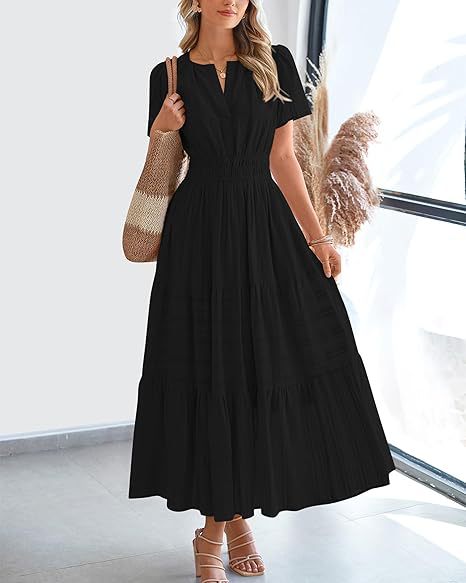 Damen langes Sommerkleid mit elastischem Taillenbund und raffiniertem Faltenwurf Drune