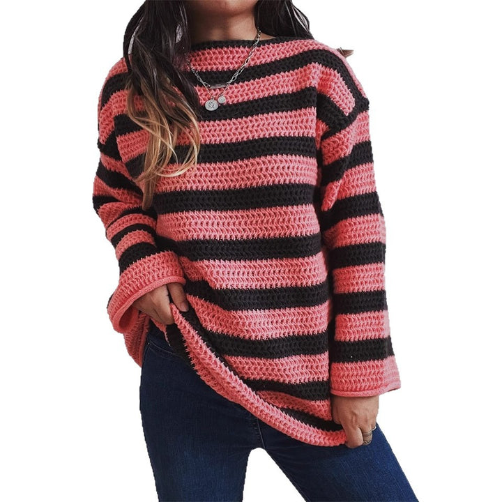 Damen lässiger Strickpullover mit kontrastierenden Streifen und weitem Schnitt Drune