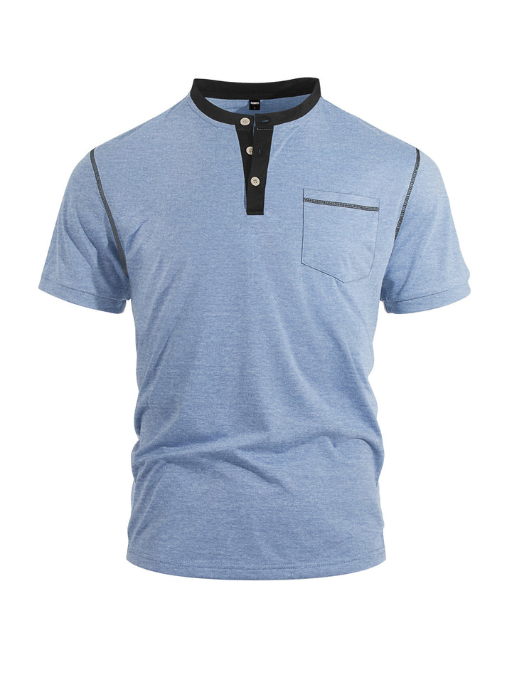 Herren nan legeres Kurzarm-Bandkragenshirt mit Knopfleiste Brusttasche und Flatlocknähten Drune