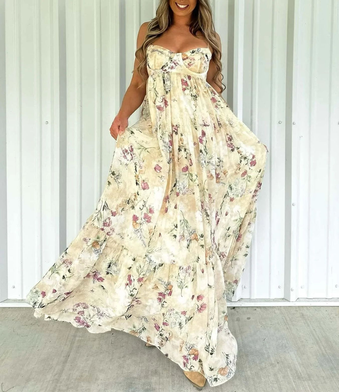 Damen nan trägerloses Maxikleid mit herzförmigem Bustier, geraffter Empire-Taille und weichem Stufenrock Drune