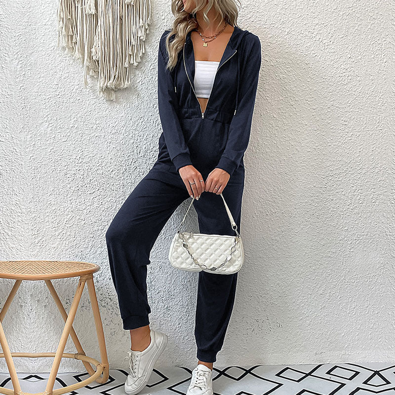 Damen Kapuzensweat Jumpsuit mit hochwertigem Reißverschluss und elastischen Bündchen Drune