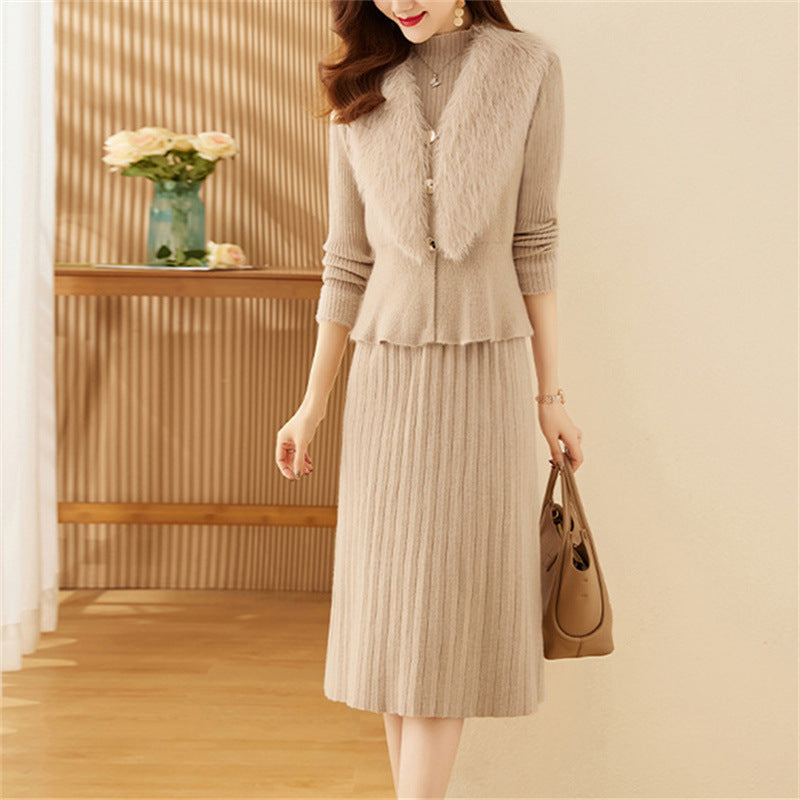 Damen elegantes Strickset mit hochwertigem Fellkragen und modischer Rippstruktur Drune