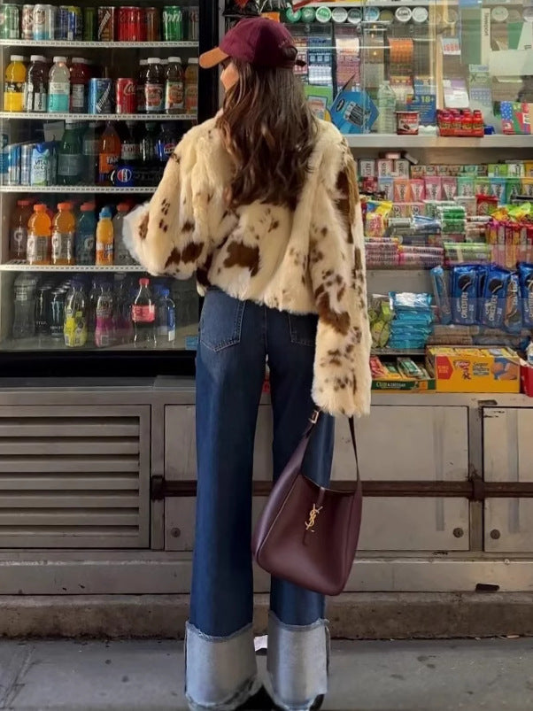Damen modische Kurzjacke aus Kunstpelz mit einzigartigem Tiermotiv Drune
