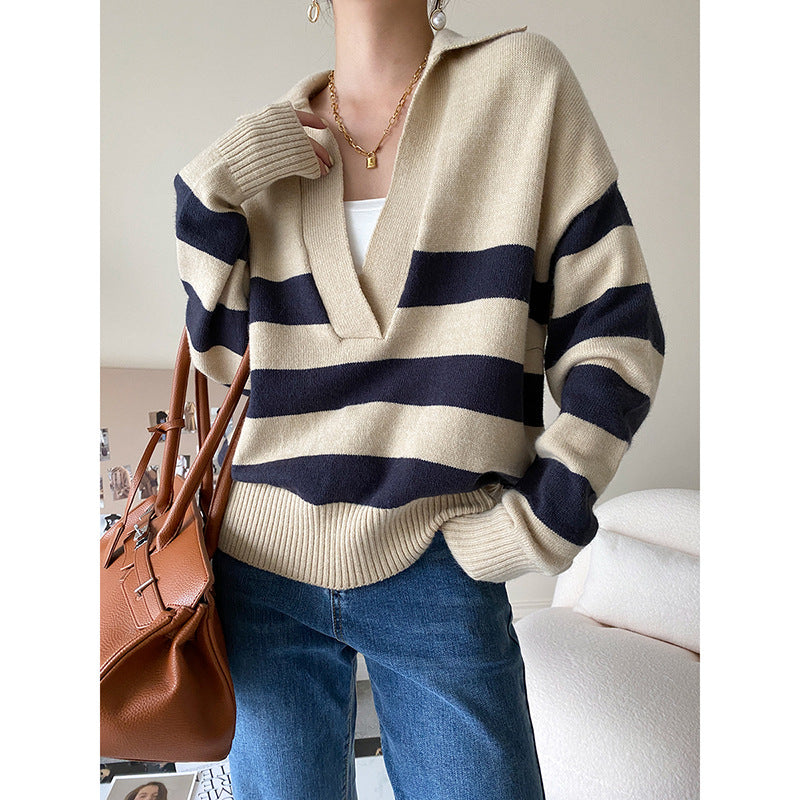 Damen lässiger Strickpullover mit V-Ausschnitt und asymmetrischem Streifenmuster Drune