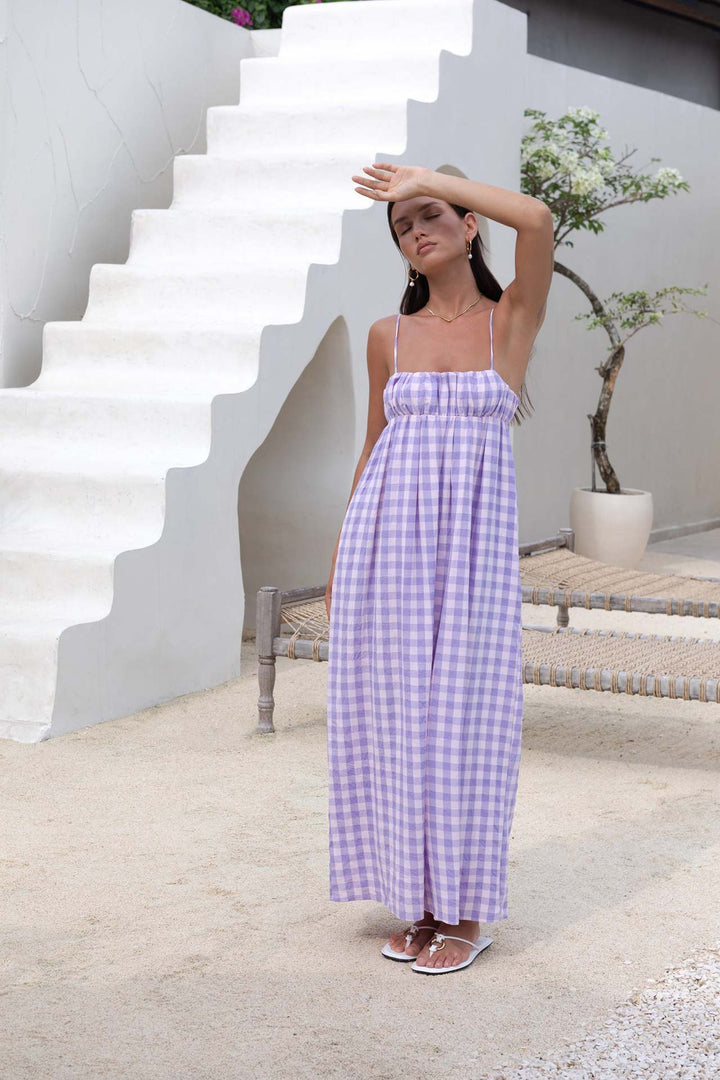 Damen Maxikleid mit Kariertem Muster und Elastischem Oberteil Drune