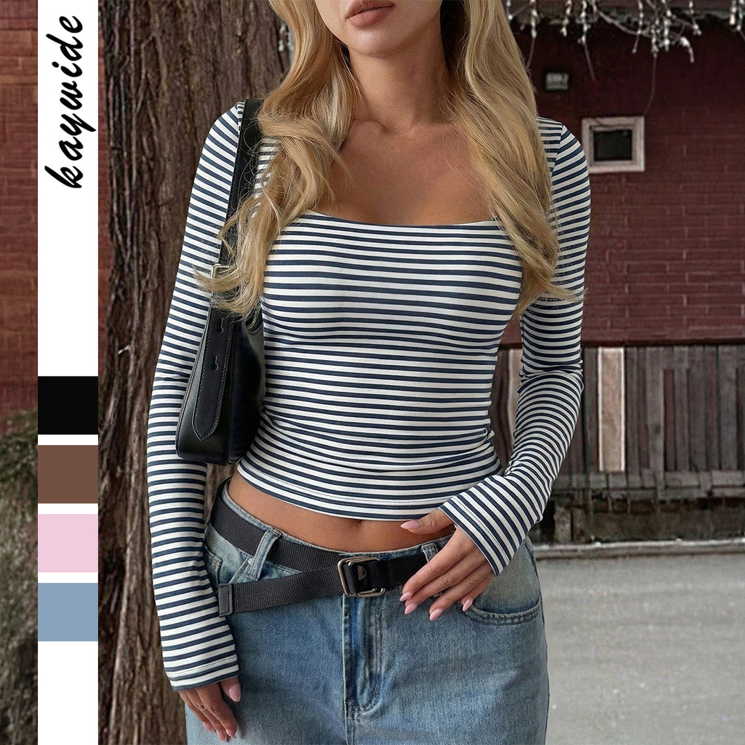 Damen nan gestreiftes tailliertes Langarm-Cropped-Shirt aus Baumwollstretch Drune