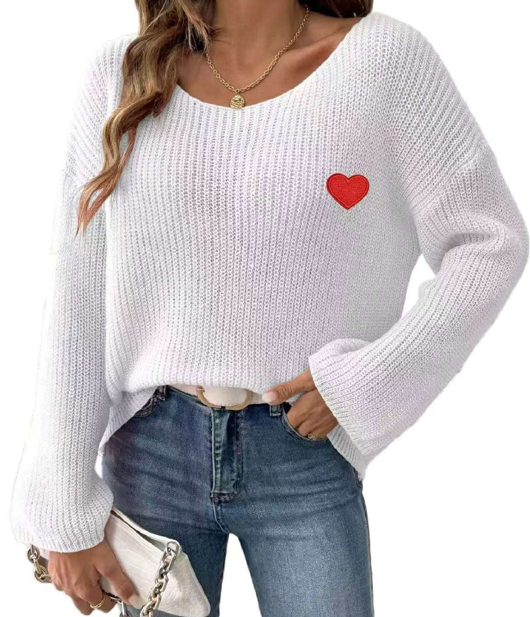 Damen Lockere Strickpullover mit Herzapplikation Drune