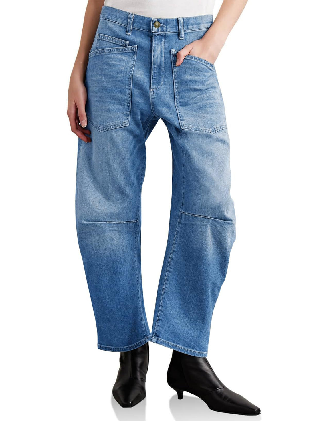Damen halbhohe Denim-Hose mit einzigartigen aufgesetzten Taschen Drune
