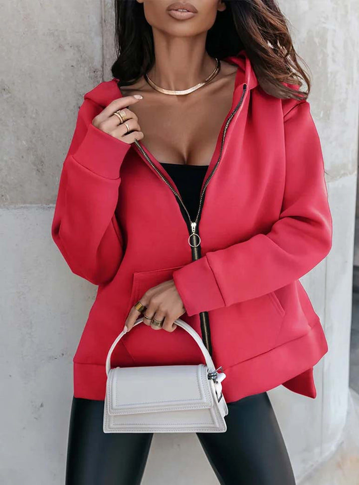 Damen Modischer Kapuzen-Zip-Hoodie mit praktischen Taschen und glänzendem Reißverschluss Drune
