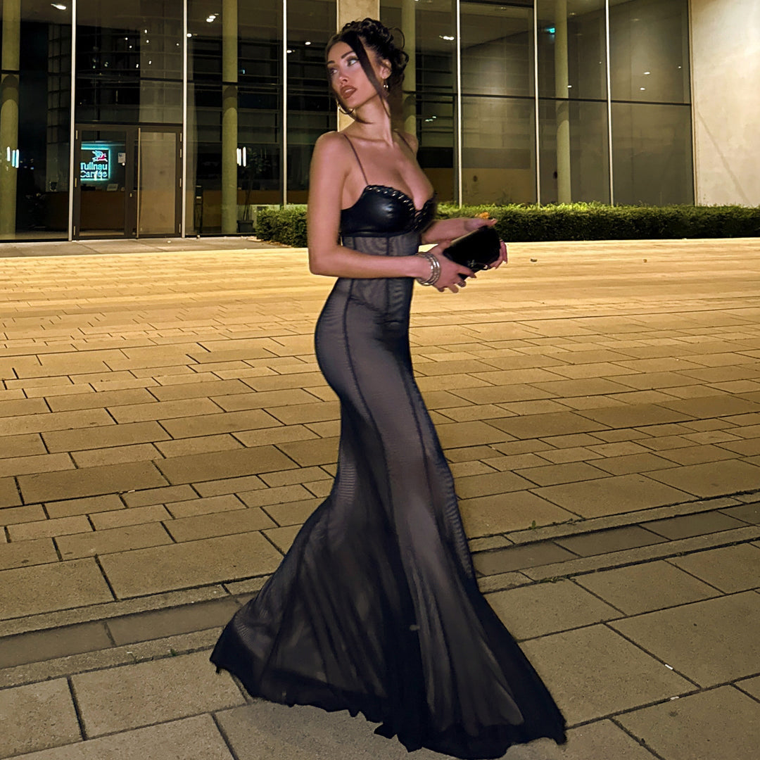 Damen Maxi-Kleid mit verführerischen Spitzeneinsätzen und Rüschendetails Drune