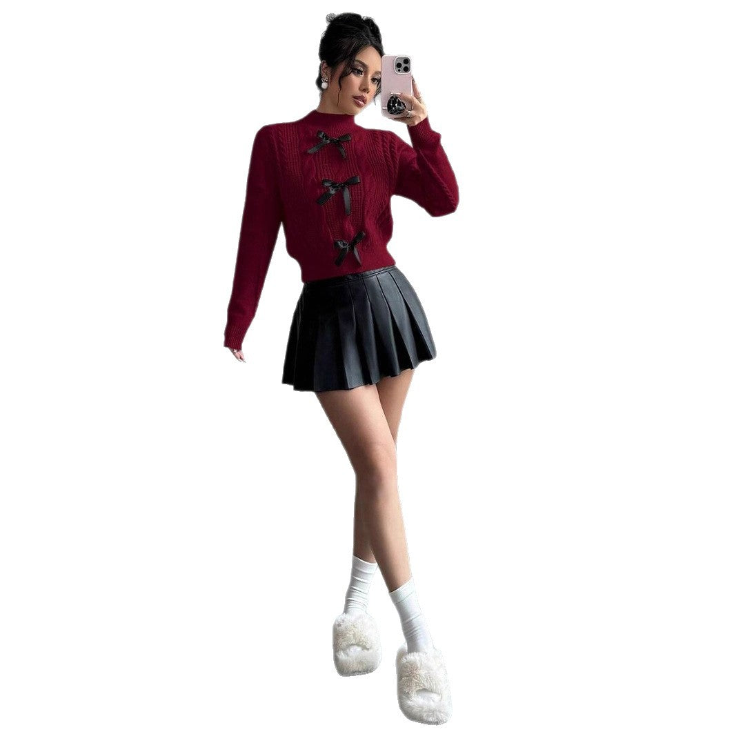 Damen Strickpullover mit dekorativen Schleifenelementen und hochkochgedämpftem Kragen Drune