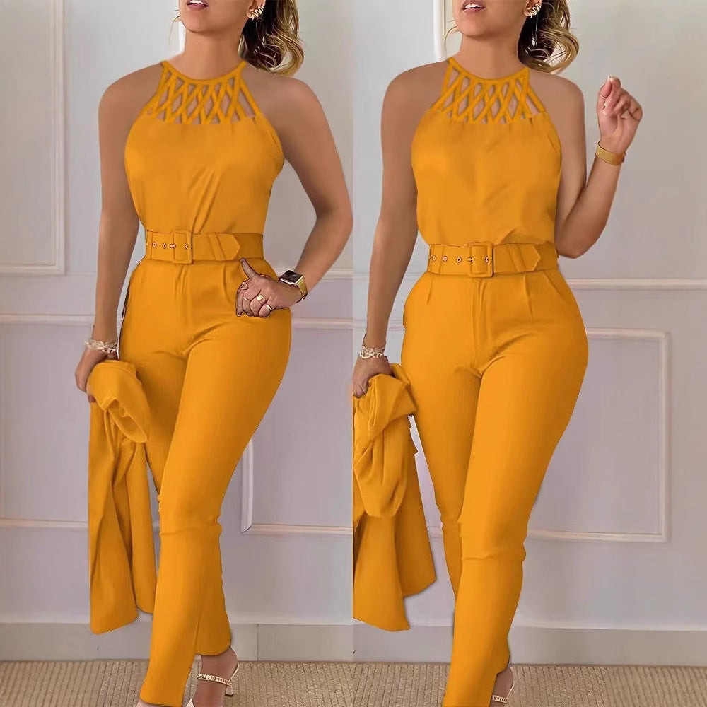 Damen Eleganter Jumpsuit mit schickem Gürtel und raffiniertem Cut-Out Drune
