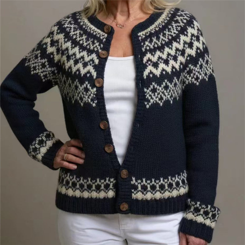 Damen nan gemusterte Strickjacke mit Rundpasse, Holzknöpfen und Eingrifftaschen Drune