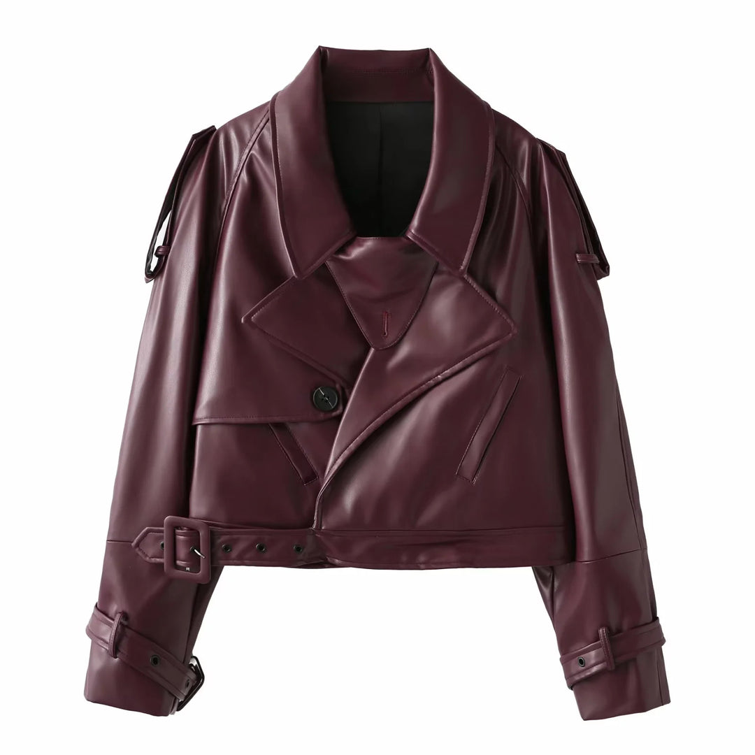 Damen coole cropped Kunstlederjacke mit asymmetrischem Kragen und modischem Design Drune