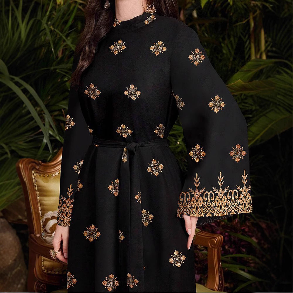 Damen festliches Abendkleid mit elegantem Gold- und Blumenmuster Drune