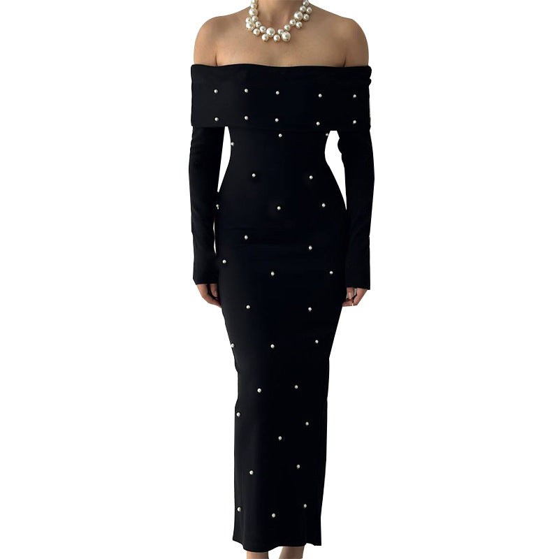 Damen schulterfreies Maxikleid mit eleganter Perlenverzierung und figurbetontem Schnitt Drune