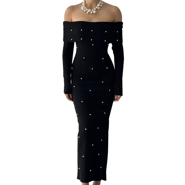 Damen schulterfreies Maxikleid mit eleganter Perlenverzierung und figurbetontem Schnitt Drune