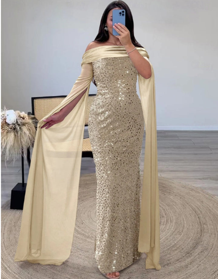 Damen Glitzerndes Abendkleid mit schulterfreiem Design und eleganten langen Ärmeln Drune