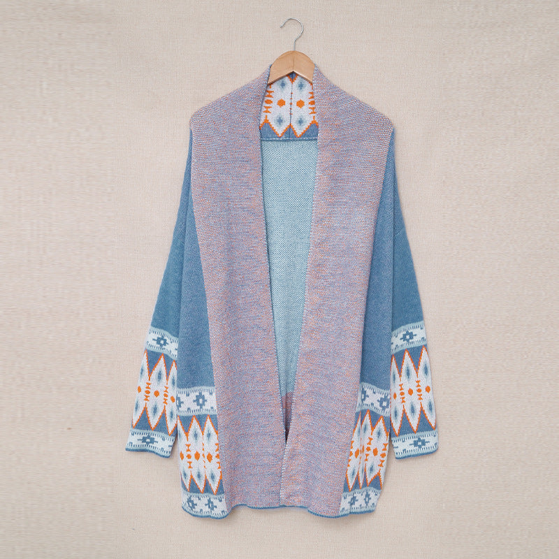 Damen Langarm-Strickjacke mit geometrischem Muster und offenen Taschen Drune