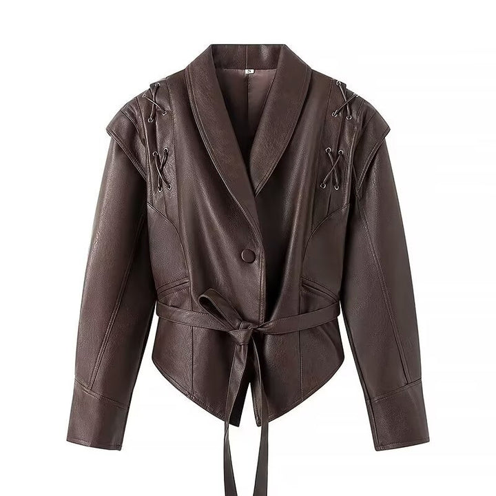 Damen Kunstlederjacke mit taillierbarem Gürtel und kontrastierenden Nähten Drune