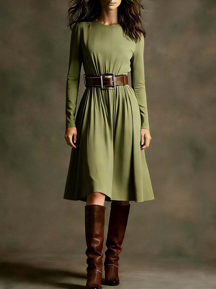 Damen Elegantes Kleid mit langem Arm und Taillengürtel Drune