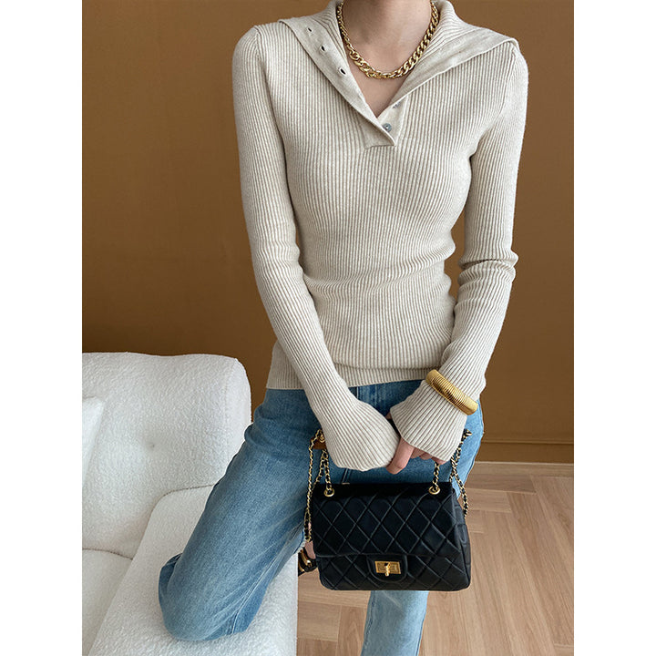 Damen elegantes Langarmshirt mit Knopfleiste Drune
