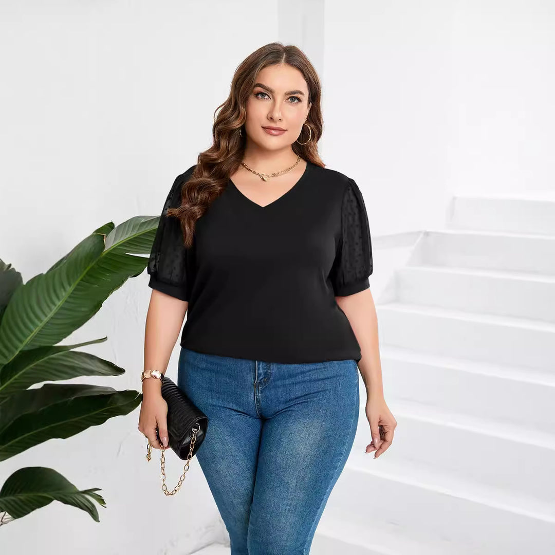 Damen elegantes Blusenshirt mit transparenten Puffärmeln und V-Ausschnitt Drune