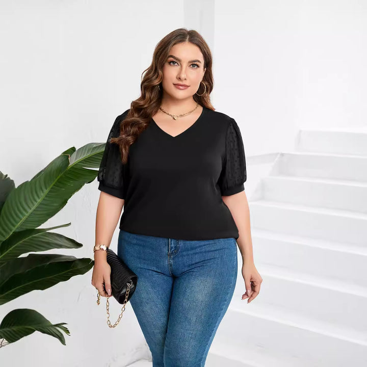 Damen elegantes Blusenshirt mit transparenten Puffärmeln und V-Ausschnitt Drune