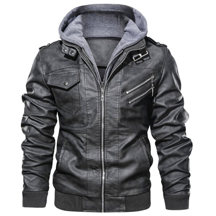 Herren lässige Kunstlederjacke mit abnehmbarer Kapuze und zahlreichen Taschen Drune