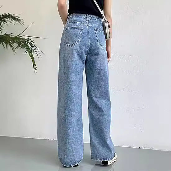 Damen nan hochgeschnittene weite Denim-Hose mit geradem Schlag und klassischem Five-Pocket-Design Drune