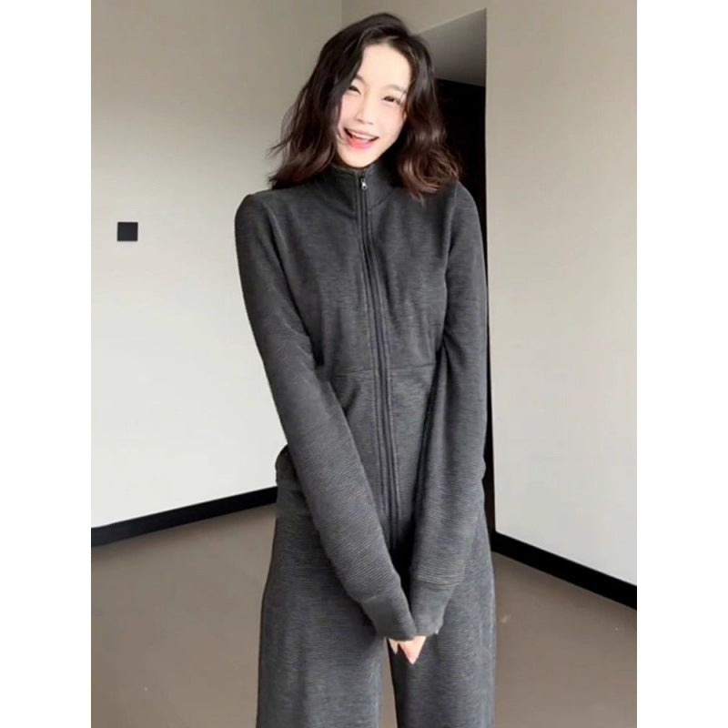 Damen Sportliches Fleece-Anzug-Set mit weitem Schnitt und hohem Kragen Drune