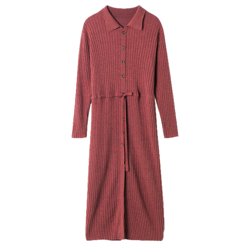 Damen Strickkleid mit Knopfleiste und Taillengürtel Drune
