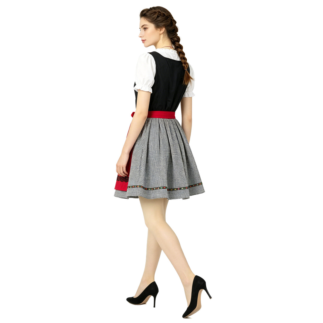Damen nan kurzes traditionelles Dirndlkleid mit geschnürtem Mieder, Puffärmel-Bluse und aufgesetzter Schürze Drune
