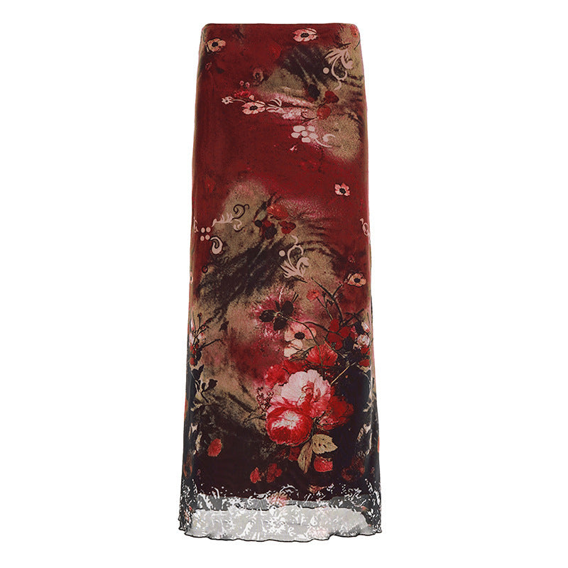 Damen Maxirock mit floralen Mustern und transparenter Spitze Drune